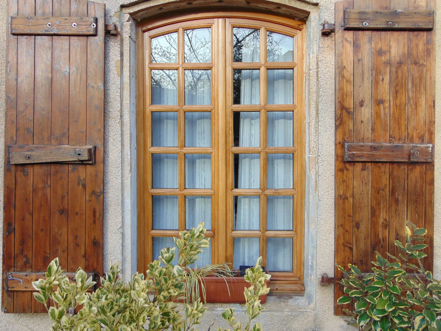 Fenêtre française en bois clair à croisillons, encadrée de volets en bois brun rustique, avec des plantes vertes devant le mur de stuc.